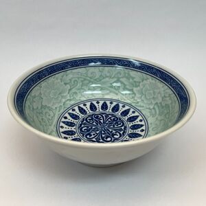 Asian Serving Bowl White Blue Green Floral Flowers Leaves 8 3/8" x 3 3/8" high